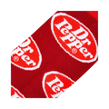 Close-up detail shot of the Dr Pepper logo on the red sock fabric.