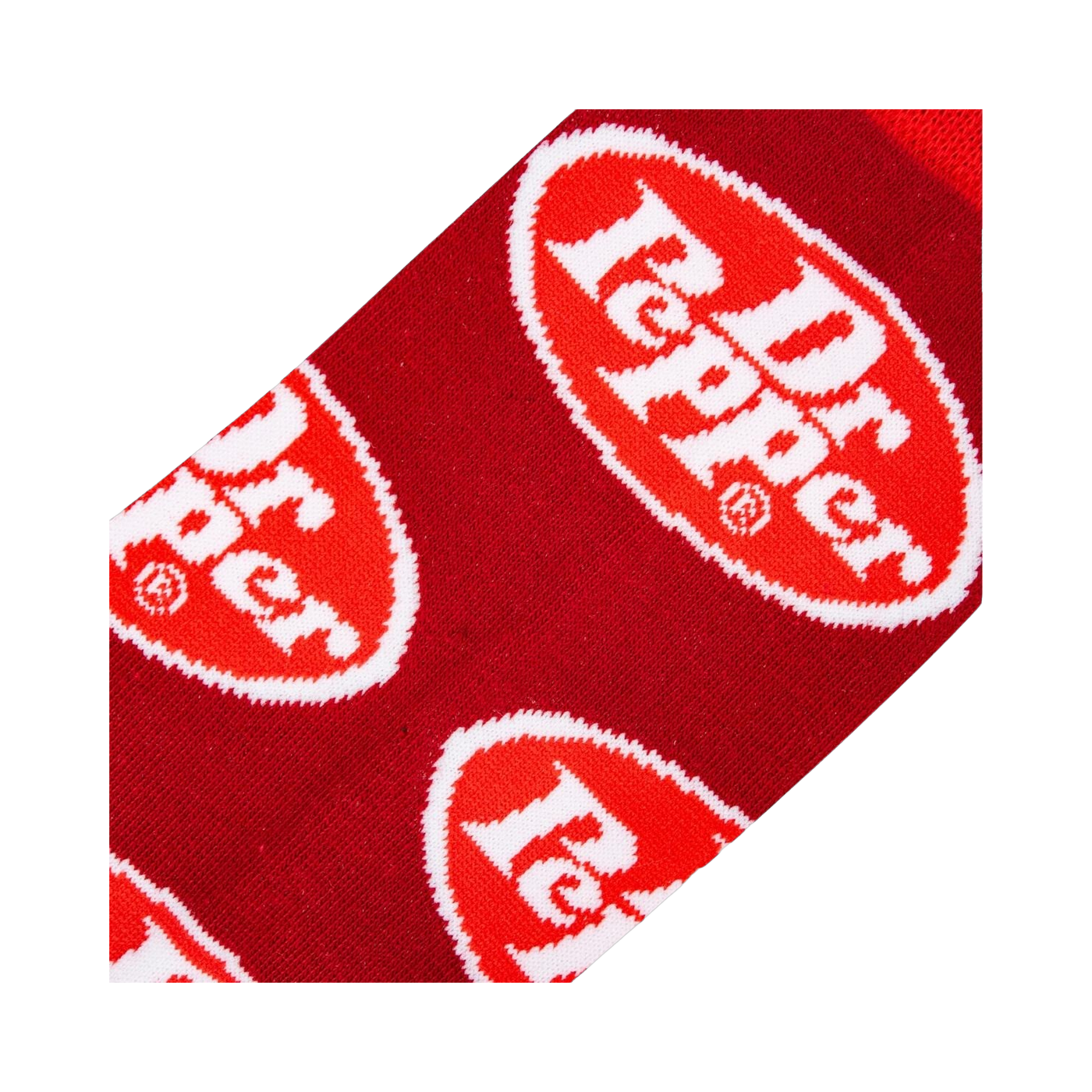 Close-up detail shot of the Dr Pepper logo on the red sock fabric.