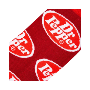 Close-up detail shot of the Dr Pepper logo on the red sock fabric.