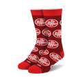 Pair of crew socks in red with a repeating white Dr Pepper logo pattern.  A 'COOL' tag is visible at the bottom.