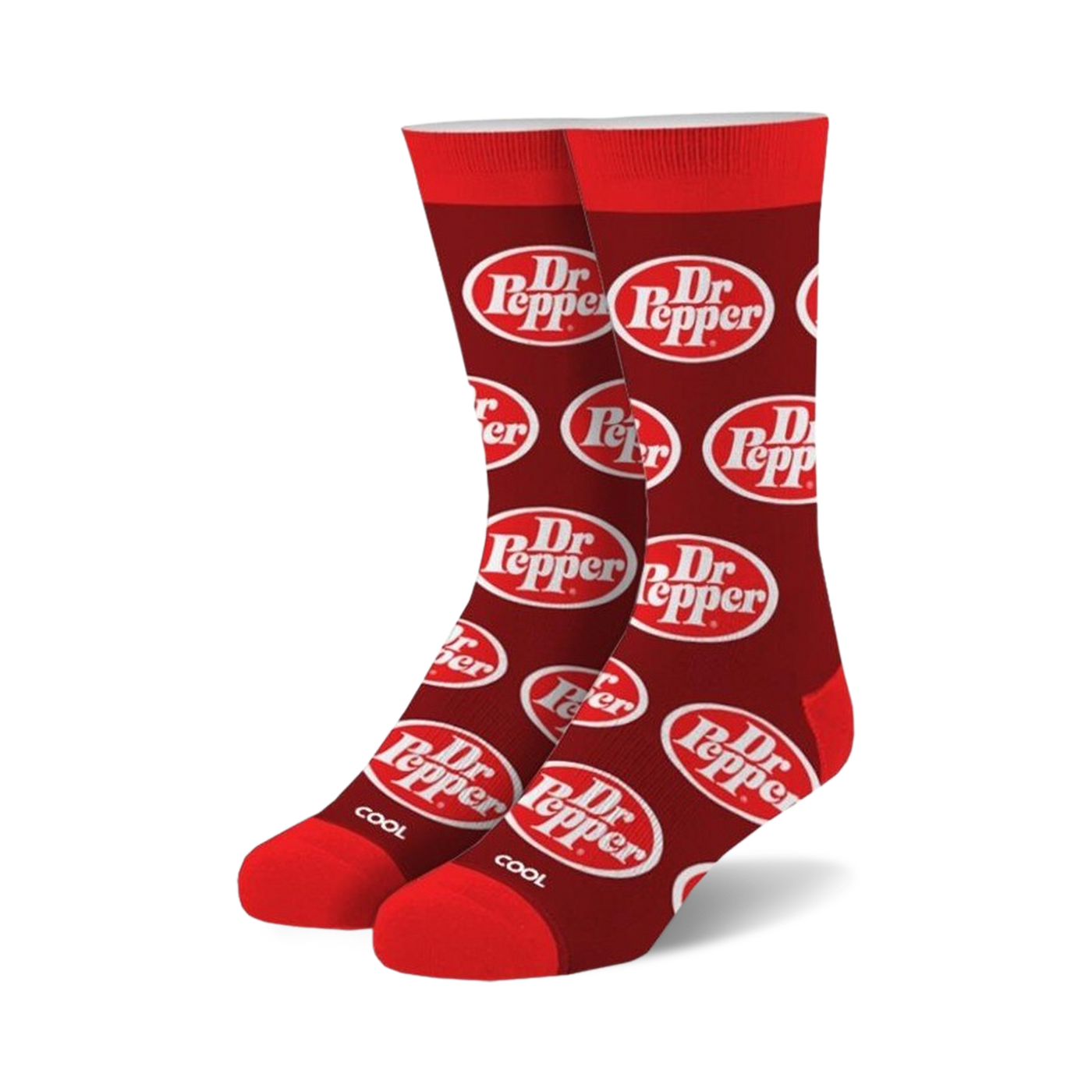 Pair of crew socks in red with a repeating white Dr Pepper logo pattern.  A 'COOL' tag is visible at the bottom.
