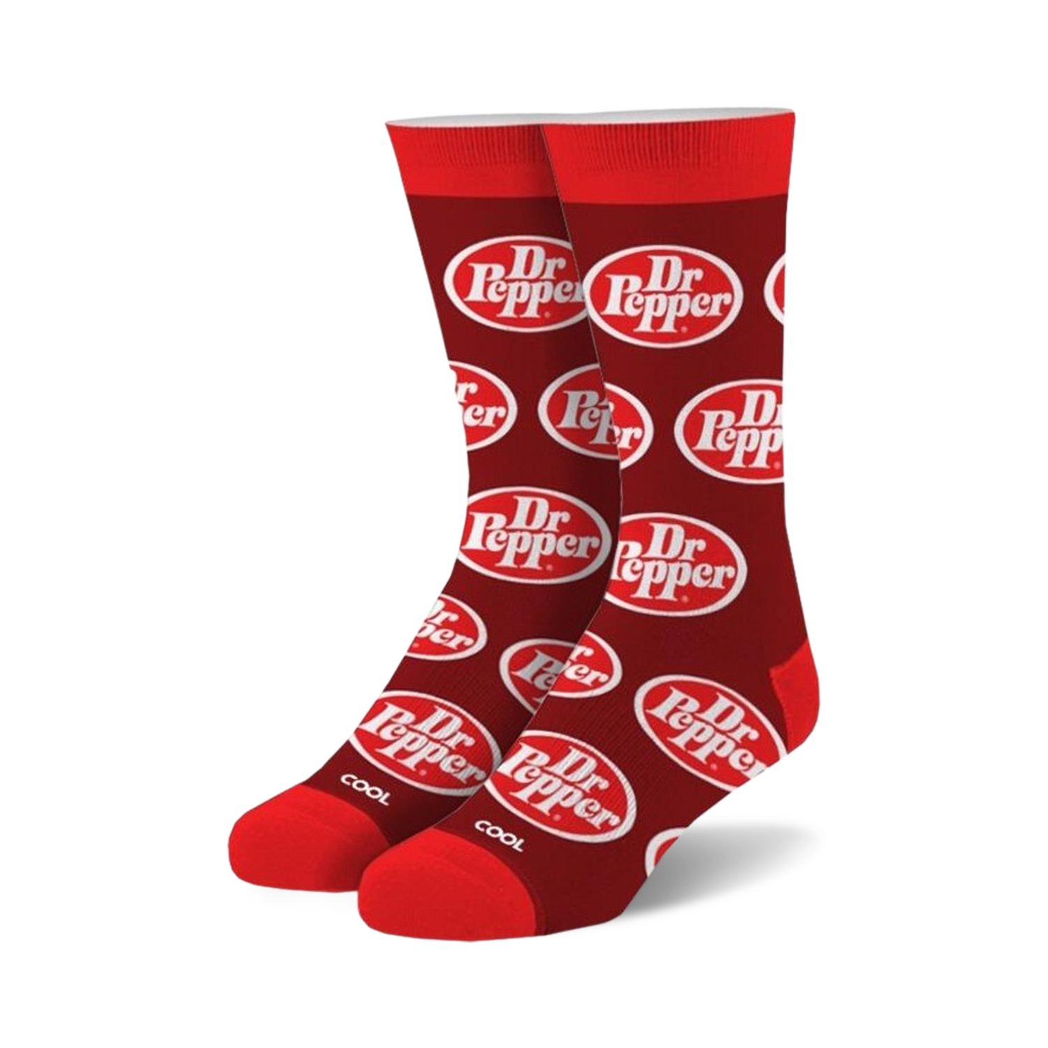 Pair of crew socks in red with a repeating white Dr Pepper logo pattern.  A 'COOL' tag is visible at the bottom.