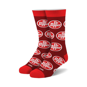 red crew socks with repeating dr pepper logo; unisex; designed for dr pepper fans.  