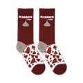 Flatlay product shot of two pairs of Hershey's Kisses socks. The socks are maroon with a white and brown Kisses pattern.