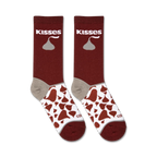 Flatlay product shot of two pairs of Hershey's Kisses socks. The socks are maroon with a white and brown Kisses pattern.