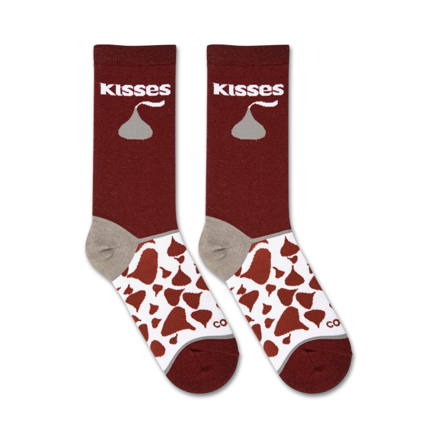 Flatlay product shot of two pairs of Hershey's Kisses socks. The socks are maroon with a white and brown Kisses pattern.