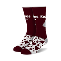 Pair of maroon crew socks with a white and brown Hershey's Kisses design. The Kisses pattern is on the lower part of the socks.