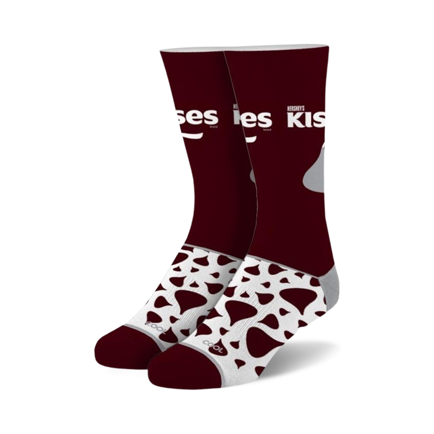 Pair of maroon crew socks with a white and brown Hershey's Kisses design. The Kisses pattern is on the lower part of the socks.
