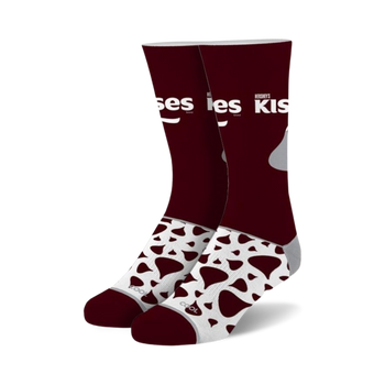 maroon crew socks with a white hershey's kisses pattern for men and women.  