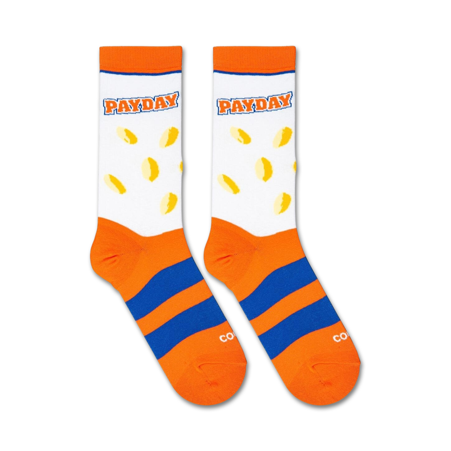 Flatlay showcasing a pair of Payday socks.  The candy and stripes are clearly visible.