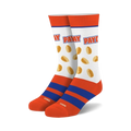 Pair of crew socks. White with orange and blue stripes, peanut candies, and 'Payday' text.