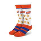 Pair of crew socks. White with orange and blue stripes, peanut candies, and 'Payday' text.