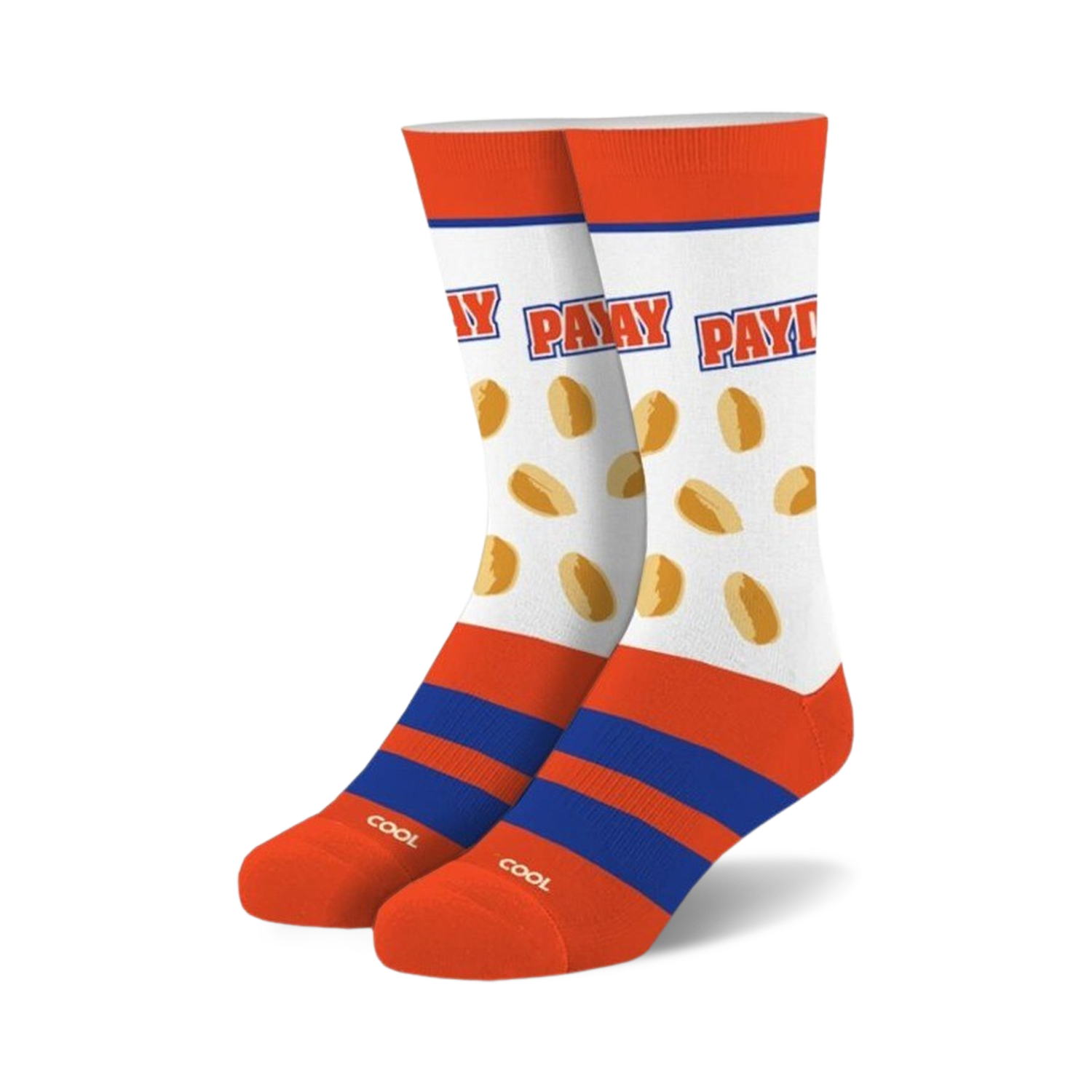 Pair of crew socks. White with orange and blue stripes, peanut candies, and 'Payday' text.