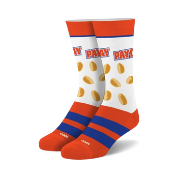 white socks with orange tops and blue bottoms, payday word on top, dollar sign pattern.  