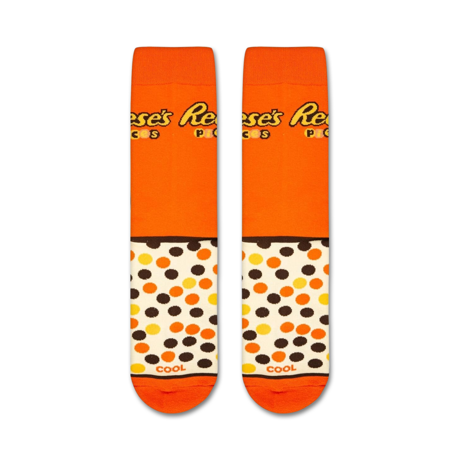 Flatlay product shot of two Reese's Pieces socks showcasing the full design.