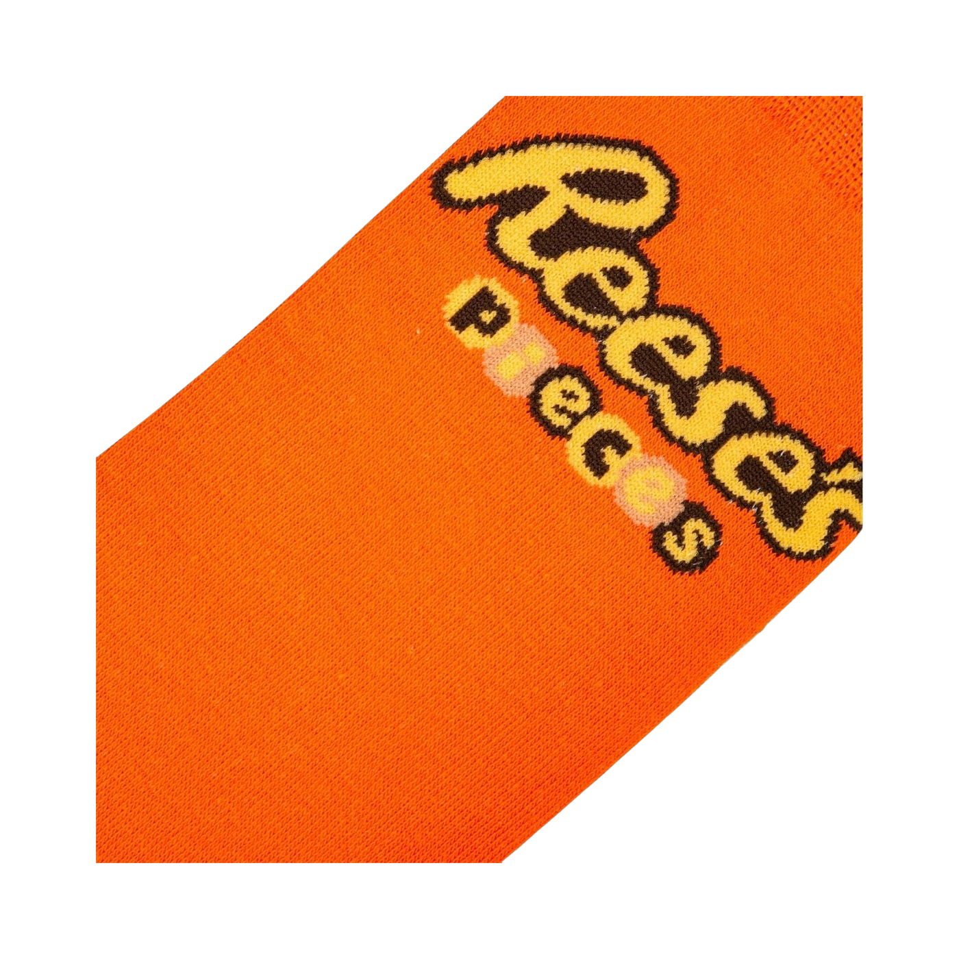 Close-up detail shot of the Reese's Pieces logo on the orange part of the sock.