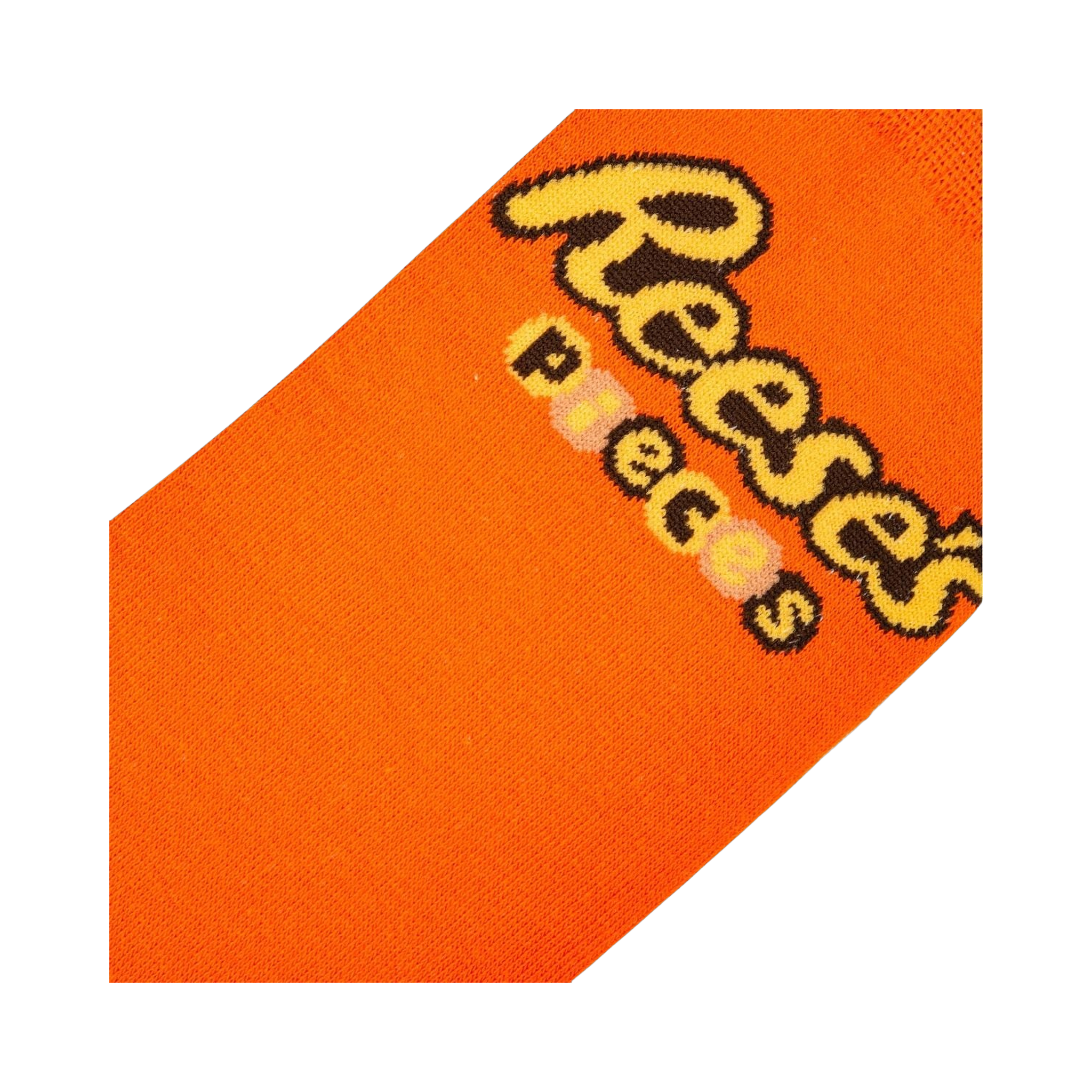 Close-up detail shot of the Reese's Pieces logo on the orange part of the sock.