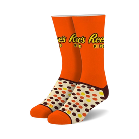 orange crew socks with brown polka dots and heel/toe. inspired by reese's pieces candy.  