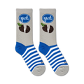 Flatlay of two York Peppermint Pattie socks showing the design details.