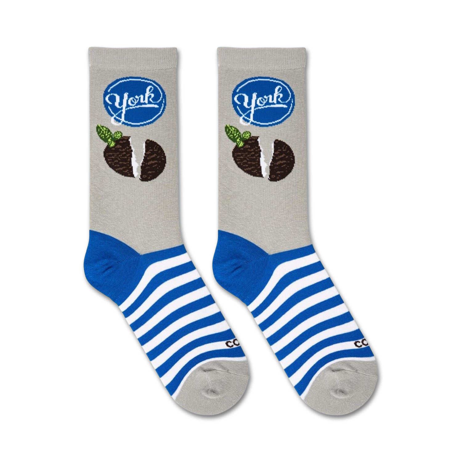 Flatlay of two York Peppermint Pattie socks showing the design details.