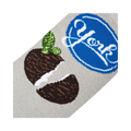 Close-up detail shot of the York Peppermint Pattie and logo knit on the socks.