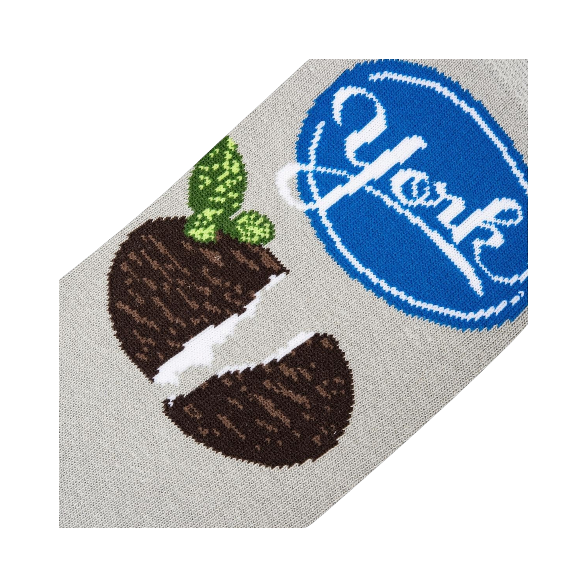 Close-up detail shot of the York Peppermint Pattie and logo knit on the socks.