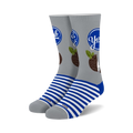 Pair of crew socks. Gray background with a York Peppermint Pattie design, blue stripes at the cuffs. 