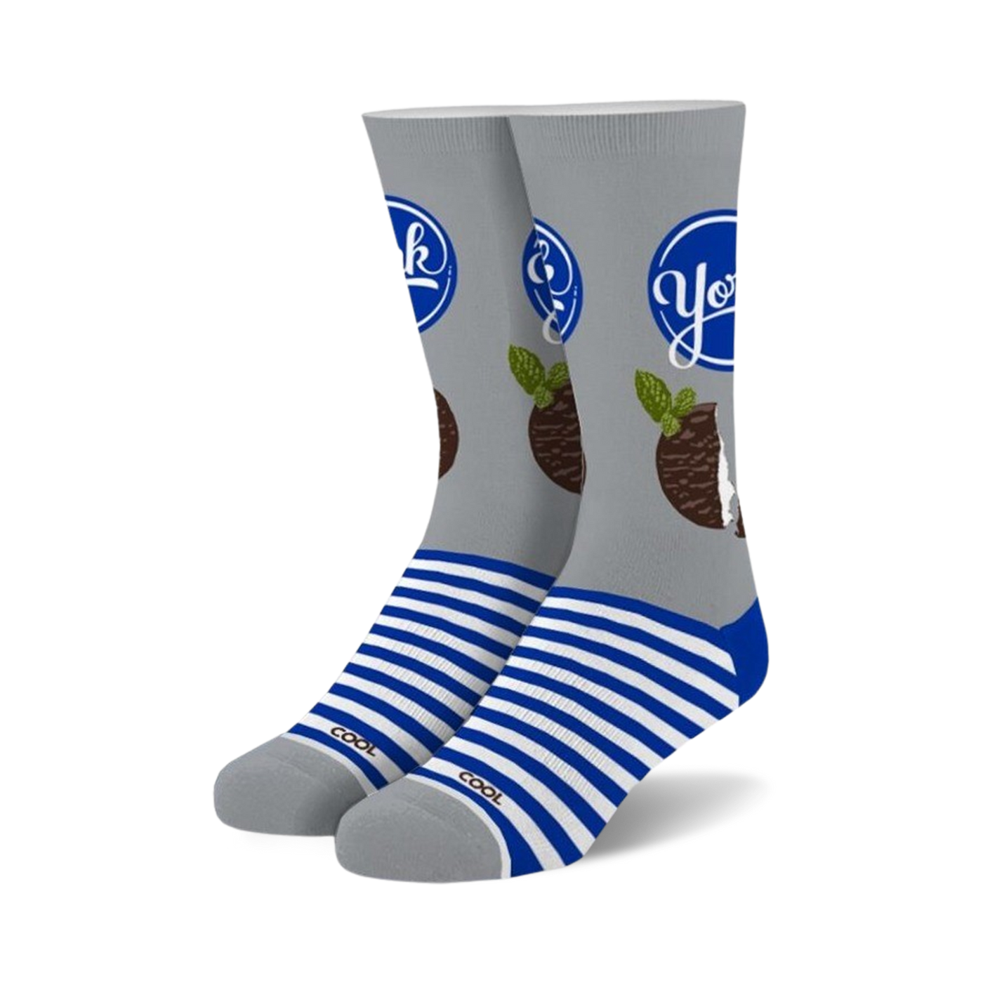 Pair of crew socks. Gray background with a York Peppermint Pattie design, blue stripes at the cuffs. 
