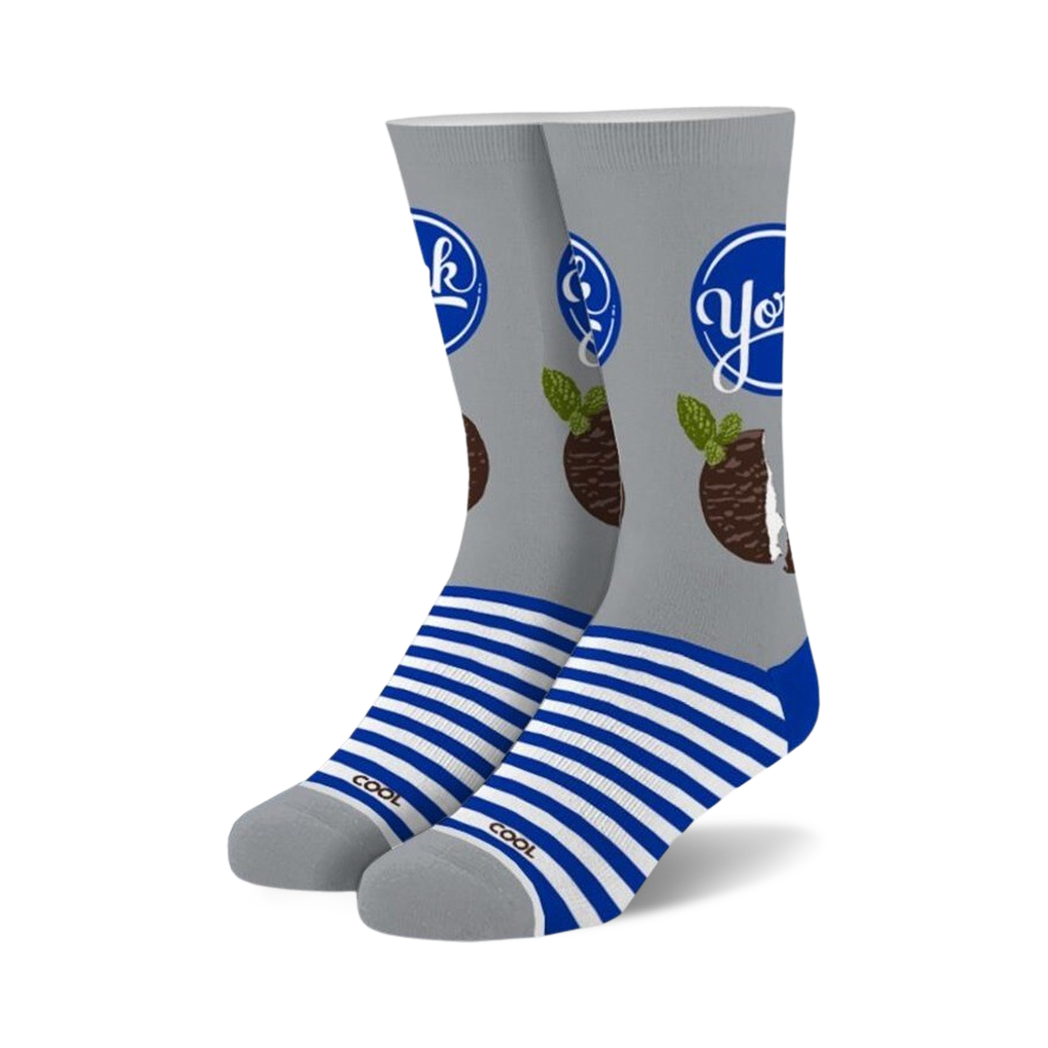 Pair of crew socks. Gray background with a York Peppermint Pattie design, blue stripes at the cuffs. 