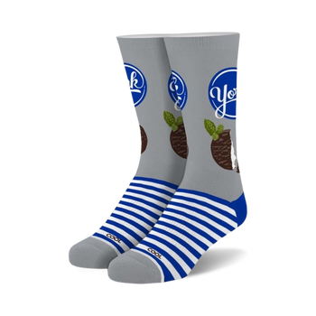  york peppermint pattie gray and pink crew socks with blue and white stripes for men and women  
