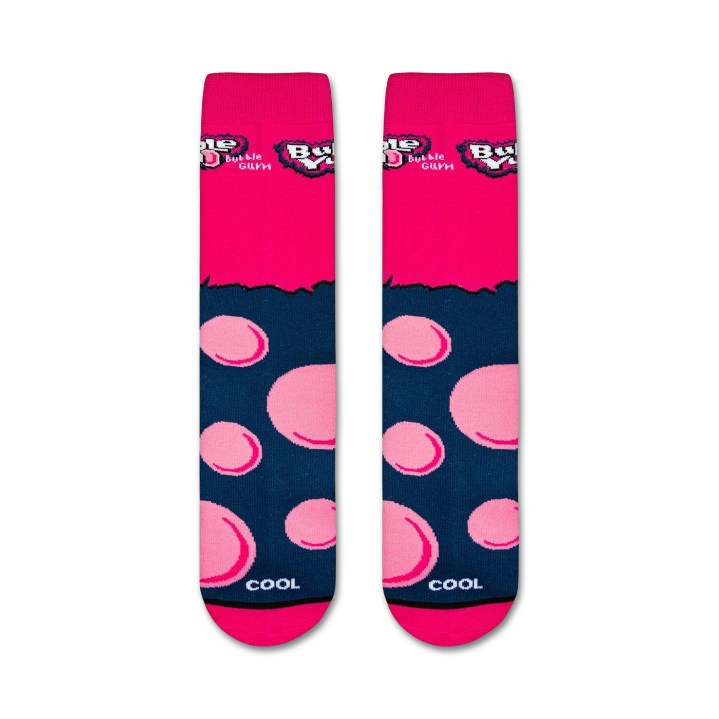 Flatlay showcasing a pair of Bubble Yum socks, highlighting the design detail and color scheme.