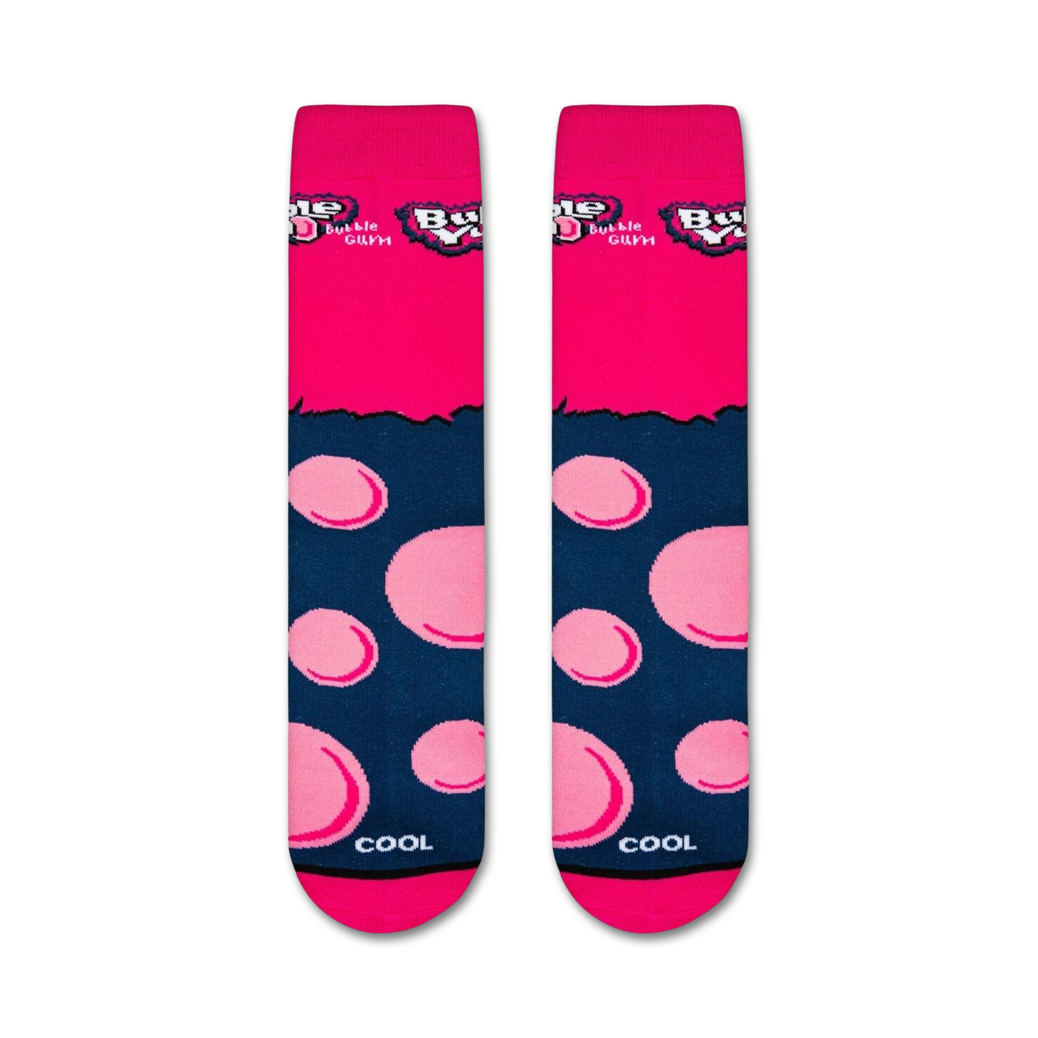 Flatlay showcasing a pair of Bubble Yum socks, highlighting the design detail and color scheme.