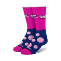 Pair of crew socks in pink and navy blue.  Features Bubble Yum logo and pink bubblegum design.