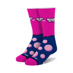 Pair of crew socks in pink and navy blue.  Features Bubble Yum logo and pink bubblegum design.