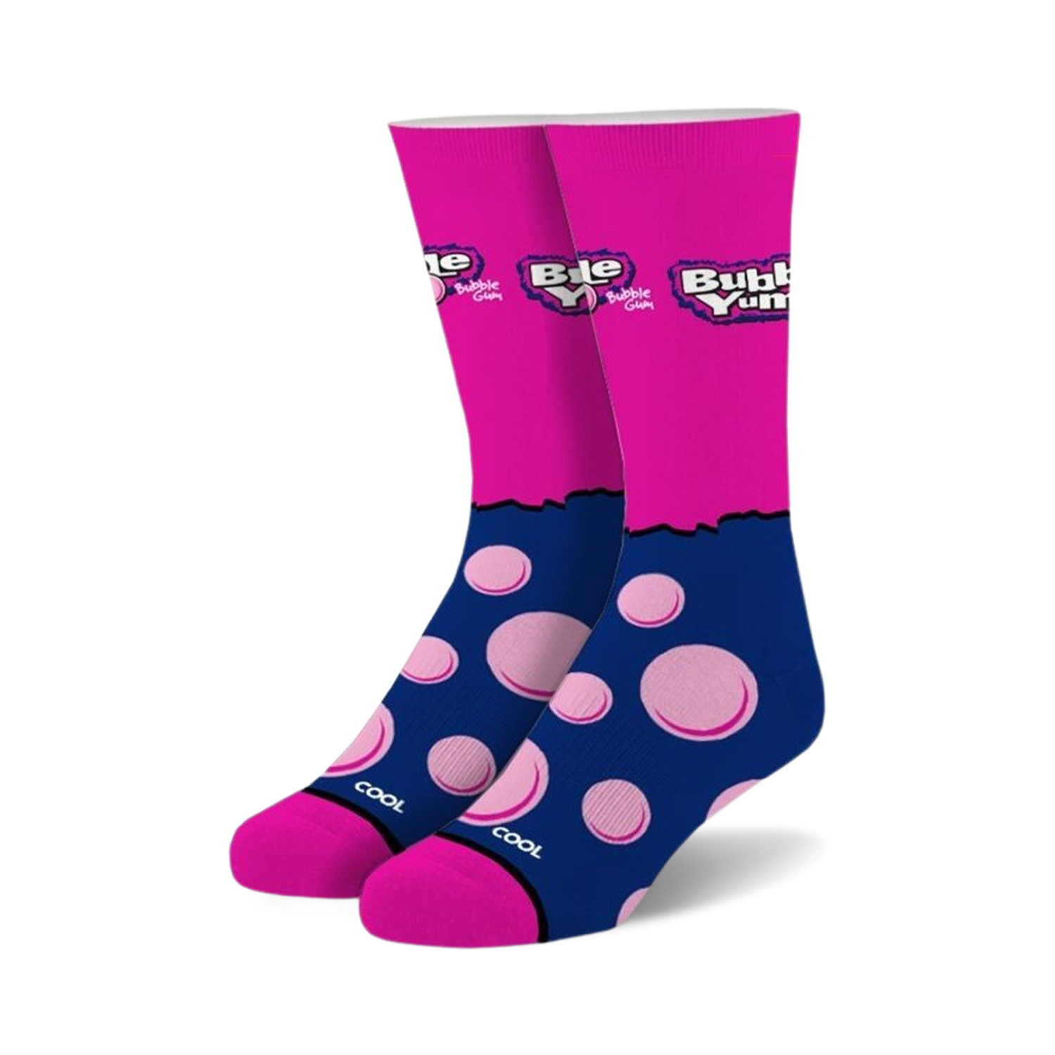 Pair of crew socks in pink and navy blue.  Features Bubble Yum logo and pink bubblegum design.