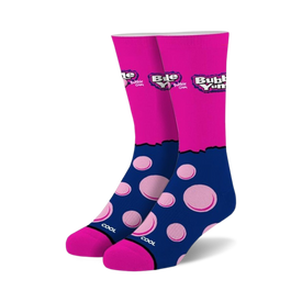pink and blue crew socks with "cool" printed on sole.  