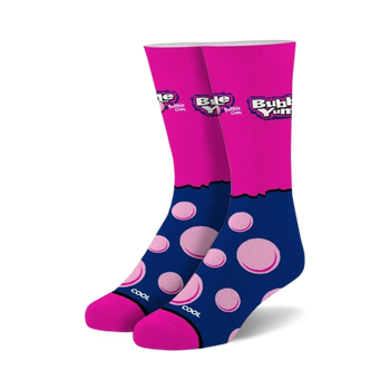 pink and blue crew socks with "cool" printed on sole.  