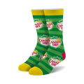 Pair of crew socks in green and yellow stripes featuring the Canada Dry logo. 