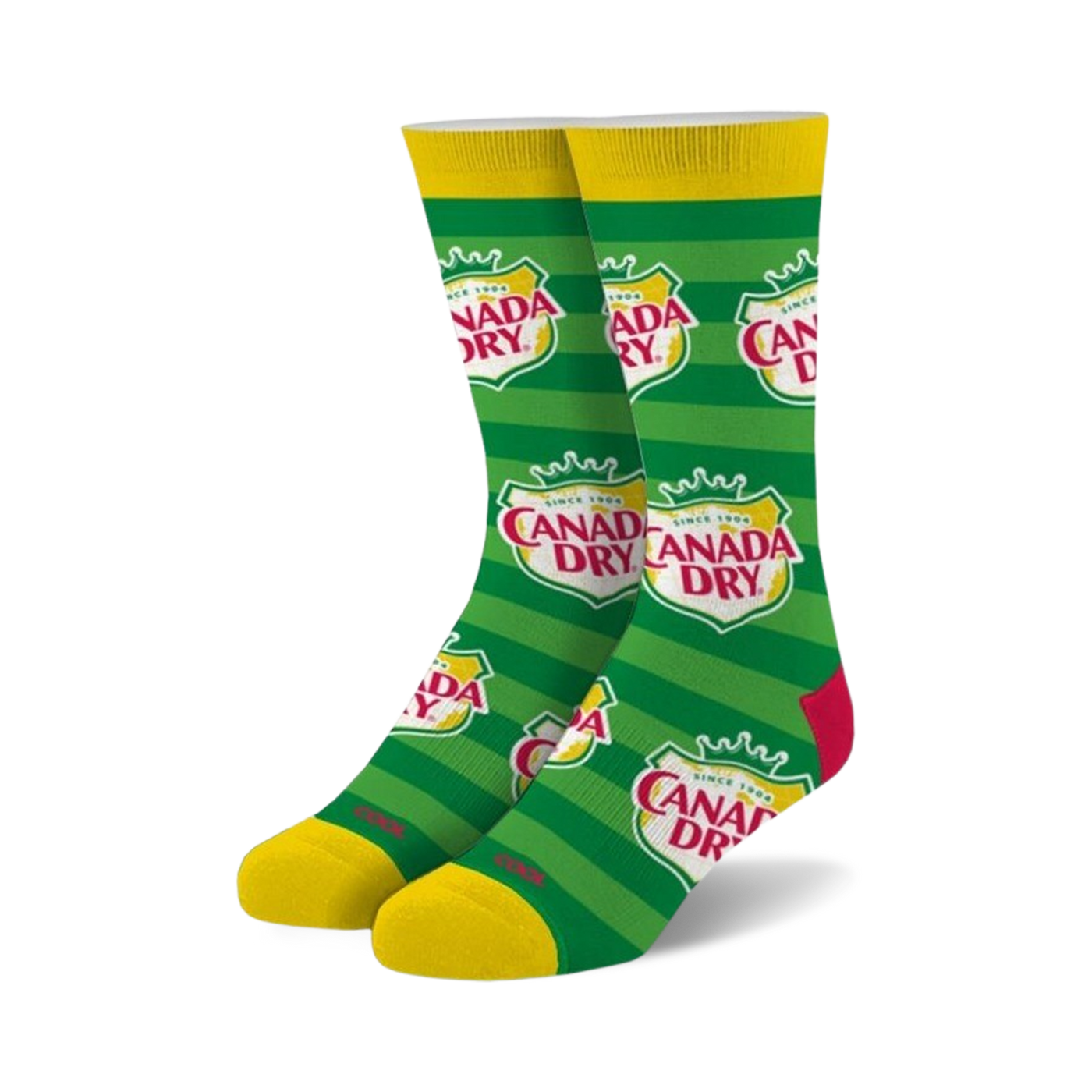 Pair of crew socks in green and yellow stripes featuring the Canada Dry logo. 