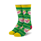 Pair of crew socks in green and yellow stripes featuring the Canada Dry logo. 