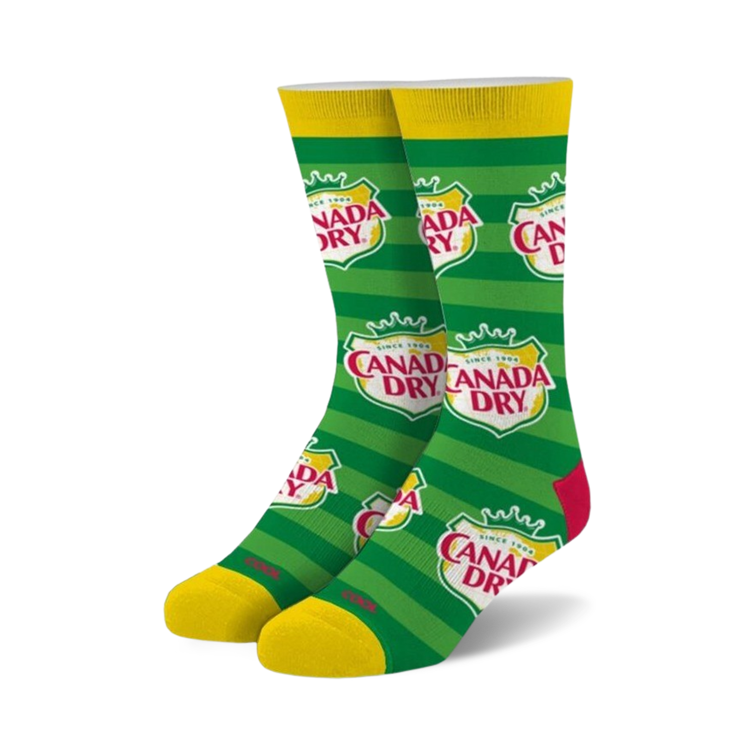Pair of crew socks in green and yellow stripes featuring the Canada Dry logo. 