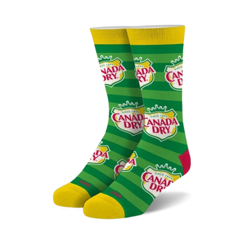 green socks with yellow toes, heels, and cuffs. pattern of red shields with yellow crowns and green "canada dry" text. yellow stripes and "since 1904" text.   