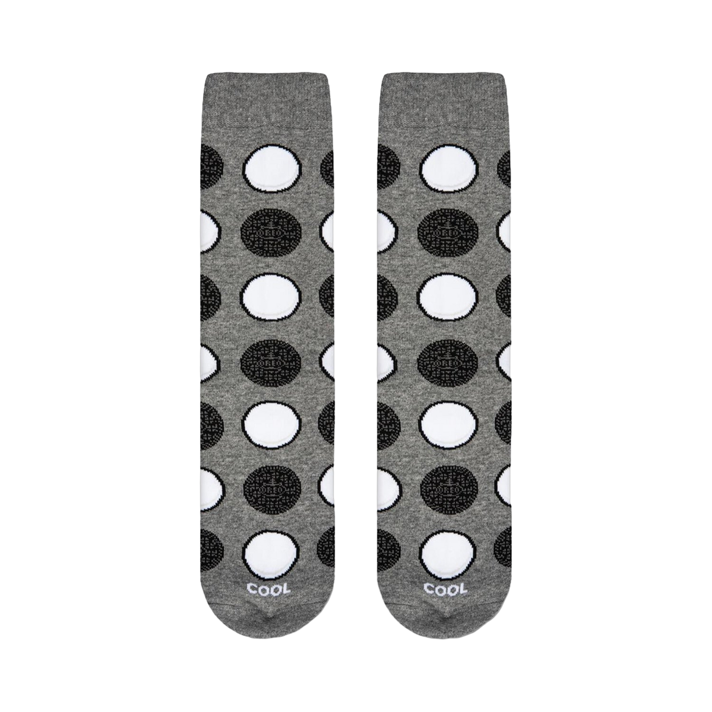 Flat lay of a pair of Oreo Cookies Heather socks showcasing the full design.