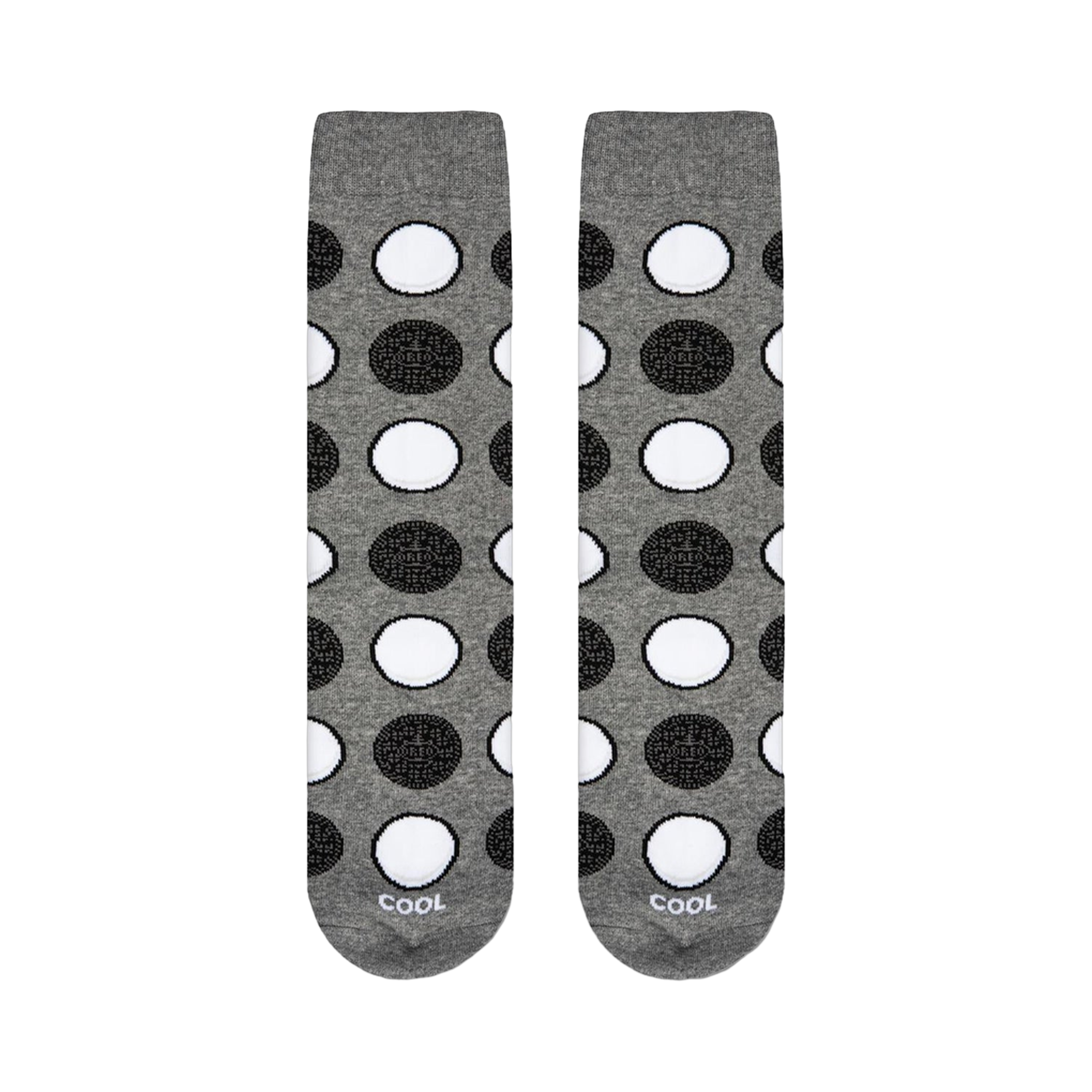Flat lay of a pair of Oreo Cookies Heather socks showcasing the full design.
