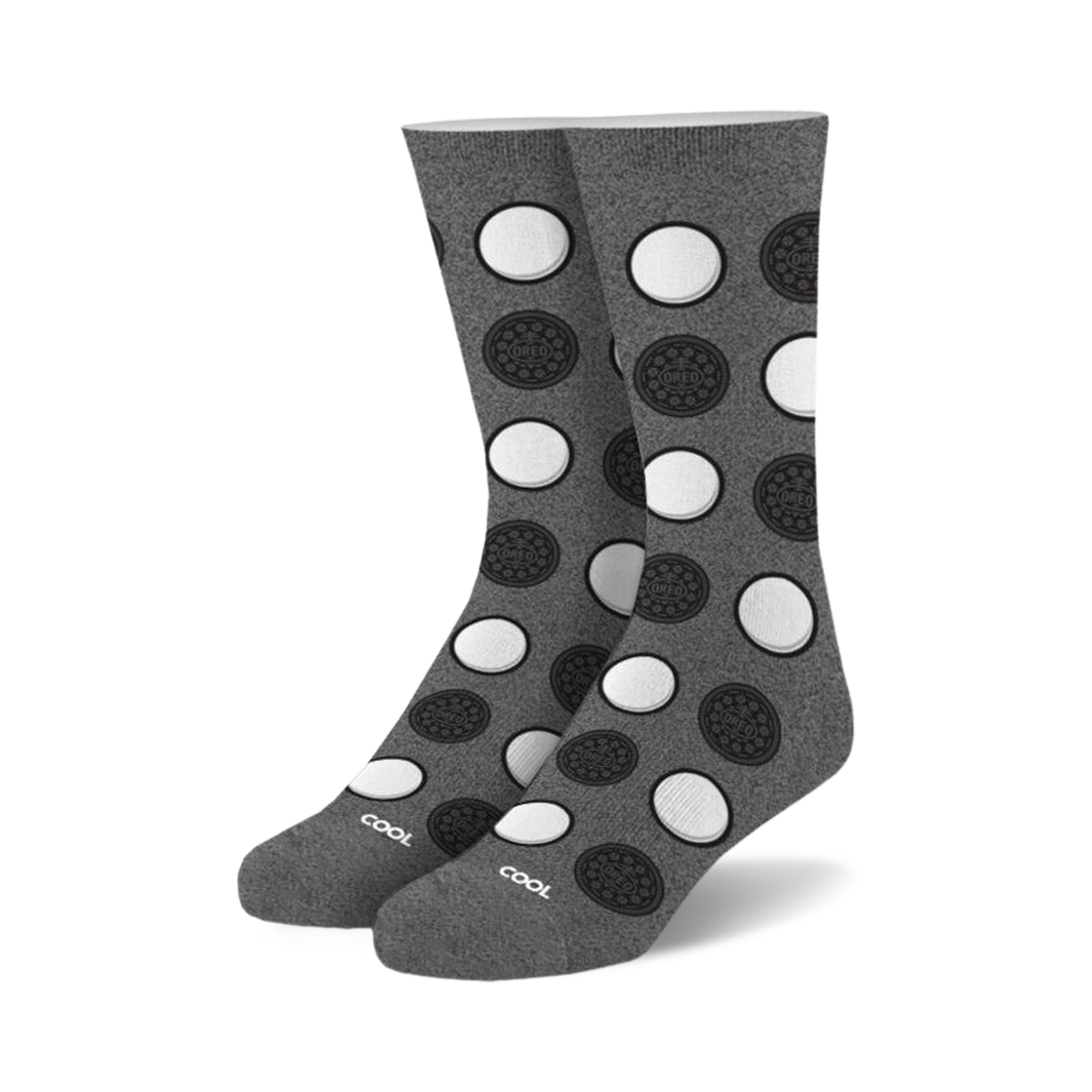 Pair of gray crew socks with a repeating pattern of black and white Oreo cookies. 