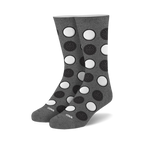 Pair of gray crew socks with a repeating pattern of black and white Oreo cookies. 