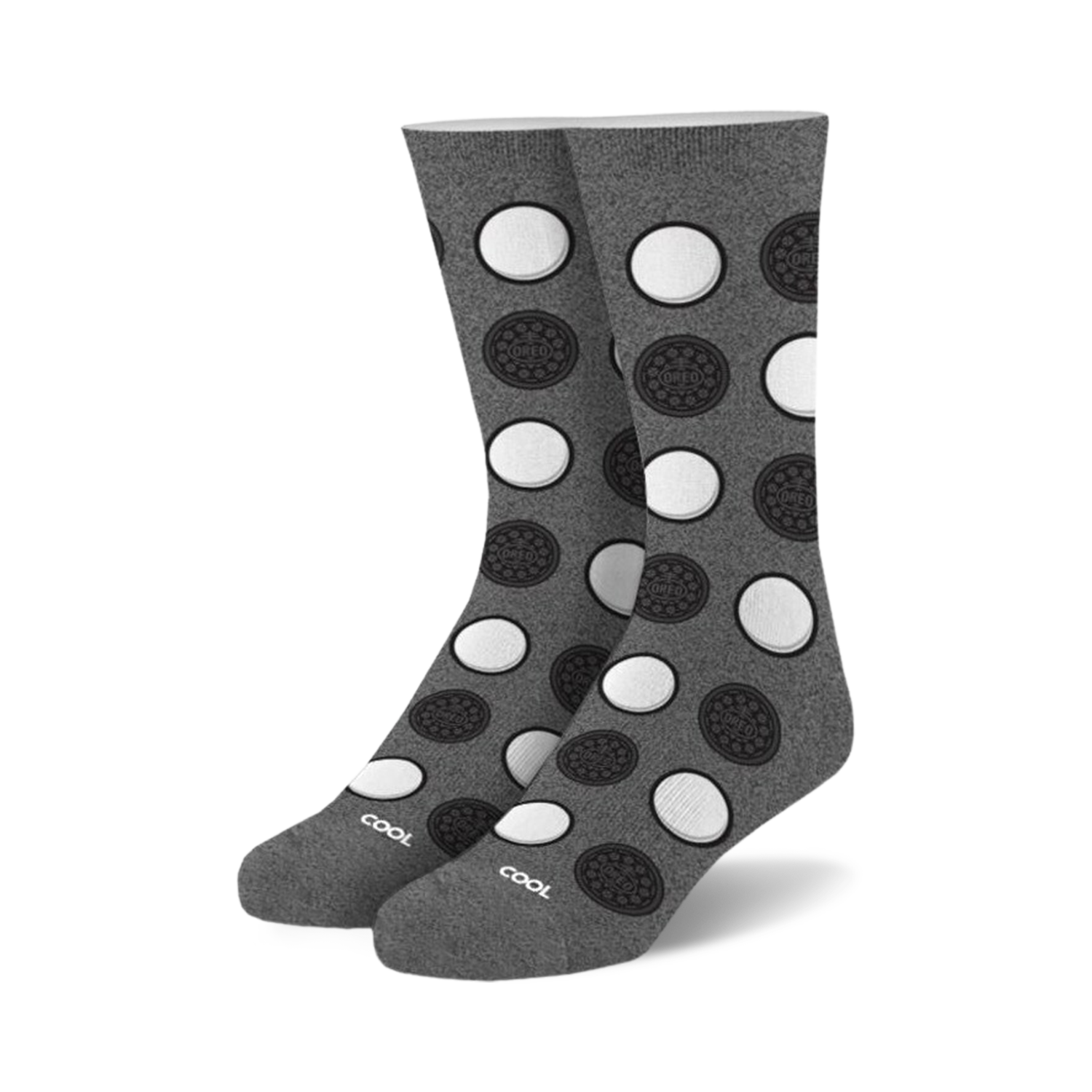 Pair of gray crew socks with a repeating pattern of black and white Oreo cookies. 