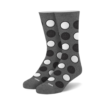 grey crew socks with a fun pattern of white circles with black centers, inspired by oreo cookies.   