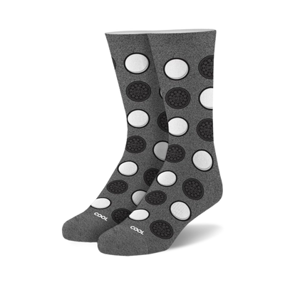 grey crew socks with a fun pattern of white circles with black centers, inspired by oreo cookies.   