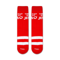 Flat lay product shot of a pair of 'You Had Me At Jell-O' crew socks, showcasing the design detail.